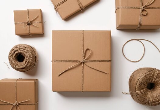 Flat lay of gift boxes wrapped in craft paper and hemp twine