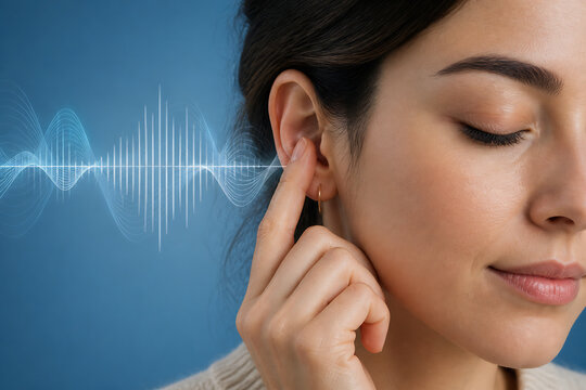 A young woman with closed eyes is touching her ear against a blue background displaying an audio waveform.