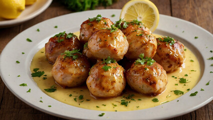 Fototapeta premium roasted chicken with potatoes tender golden chicken and turkey bites, lightly glazed with lemon sauce, visible fresh lemon zest on top, sprinkled with chopped parsley. 