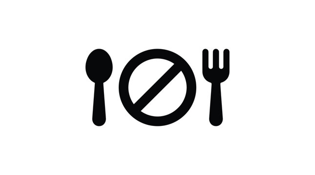Black minimalist icon showing a spoon and a fork surrounding a barred circle symbol representing no food allowed in a simple clean flat vector graphic style