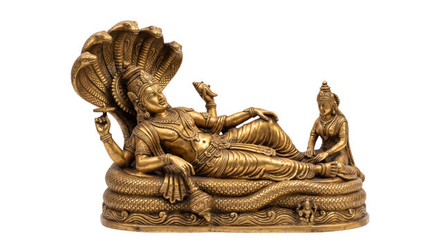 Lord Vishnu Reclining on Sheshnag Antique Bronze Hindu Statue Isolated on White Background