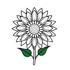 Fototapeta premium Stylized Sunflower Line Drawing with Black Center and Green Leaves