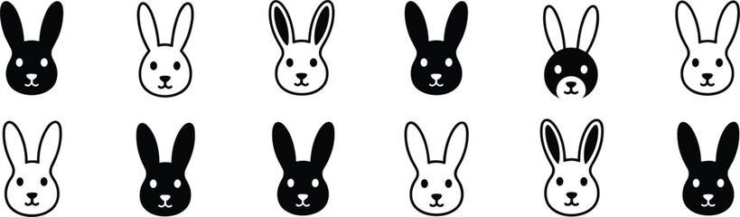 Collection of Black and White Rabbit Head Icons in Two Rows bunny hare © Gibon