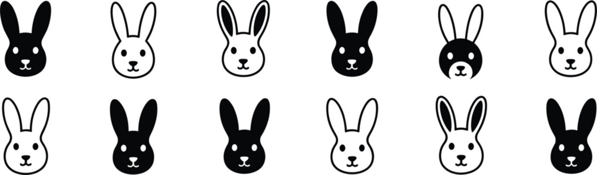 Collection of Black and White Rabbit Head Icons in Two Rows bunny hare