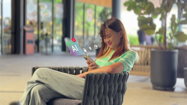A young East Asian woman browses her smartphone at an outdoor cafe garden area, with a 3D tracked virtual AI notification symbol and interactive digital badge metrics appearing in the atmosphere.