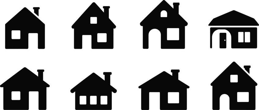 Collection of Simple Black Silhouette House Icons with Varying Architectural Styles Keywords: house, home, building, icon