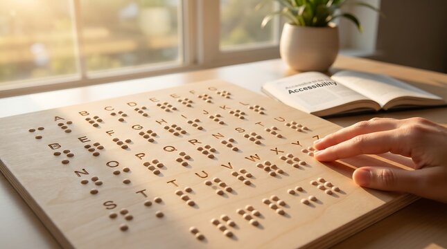 Inclusive learning tactile braille educational board featuring raised characters with hand exploring communication method for blind and visually impaired students indoors.