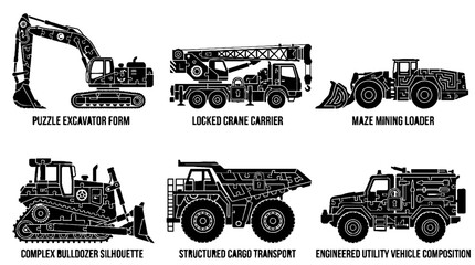 Obraz premium Set of black silhouette construction machinery and heavy duty industrial vehicles.