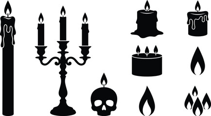 Naklejka premium Gothic Candle and Candelabra Black Silhouette Vector Icon Set with Flaming Skull, Wax Drips, and Fire Element Illustrations for Halloween and Spooky Magic Designs