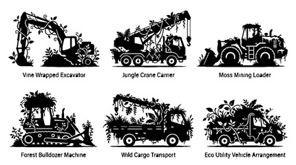Obraz premium Set of black silhouette construction machinery overgrown with jungle plants and vines.