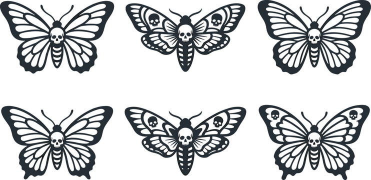 Gothic Deaths Head Moth and Butterfly Silhouette Vector Icon Set with Skull Wing Patterns for Dark Occult Halloween and Mystic Tattoo Graphic Designs