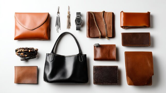 Leather Accessories Collection Flat Lay Arrangement
