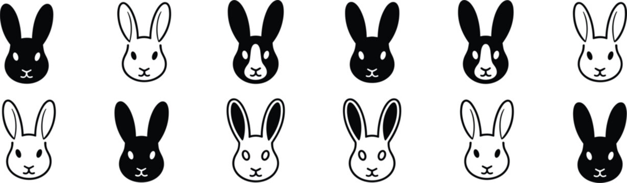Twelve black and white bunny rabbit face icons in two rows on white background head ears