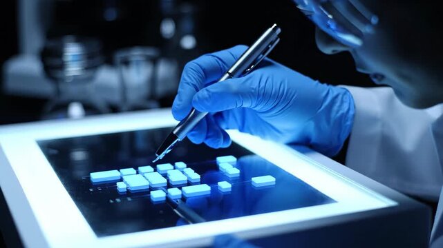 Gloved Scientist Pointing at Luminescent Blue DNA Sequencing Gel with Silver Pen
