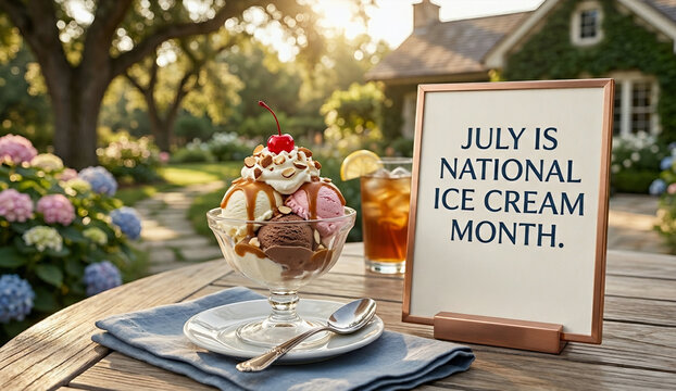 July Is National Ice Cream Month with Sundae and Cherry