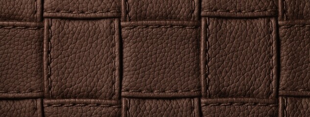 Naklejka premium Texture dark brown leather background with quilted stitched pattern, macro. Abstract chocolate upholstery surface