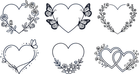 Floral Heart Border Frame Set with Rose Wreath and Butterfly Line Art Elements for Wedding Invitations, Valentines Day Greetings, and Romantic Laser Cut Graphic Designs © SHILA