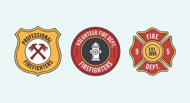 Three of firefighters label emblem, vector illustration design