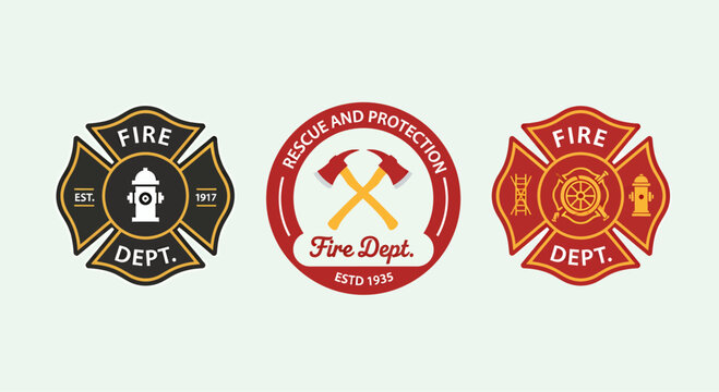 Three of firefighters label emblem, vector illustration design