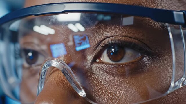 Focused Scientist Eyes Behind Reflective Safety Goggles Showing Digital Data