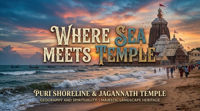 Where sea meets temple featuring puri shoreline and majestic jagannath temple landscape at sunset with spiritual atmosphere.