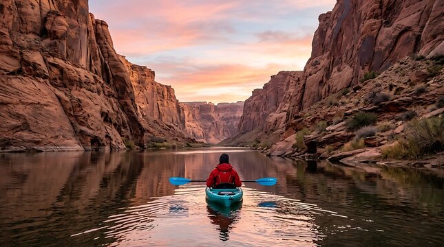 Person paddling kayak through calm river between massive desert sandstone canyon walls at sunrise