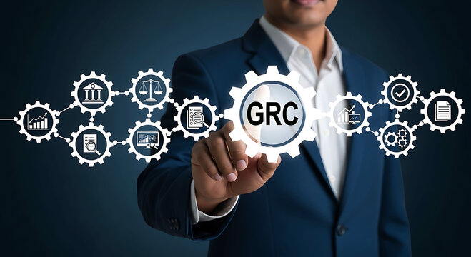 Businessman pointing to GRC gear for corporate governance risk and compliance