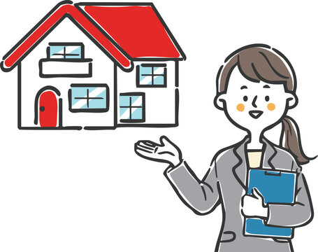 住宅の説明をするスーツ姿の女性　ベクター