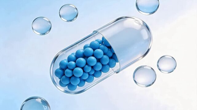 Open capsule with blue pills and water droplets