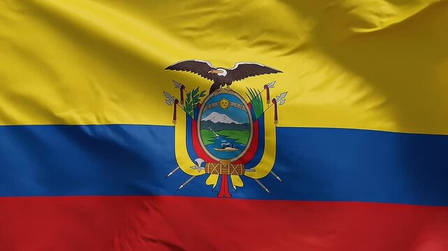 The national flag of Ecuador waving in the wind with its coat of arms featuring an eagle and a landscape scene