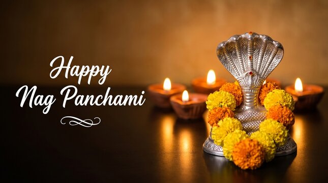 Metallic five-headed snake idol with marigold flowers for Nag Panchami festival, Hindu religious celebration, traditional spiritual worship and prayer