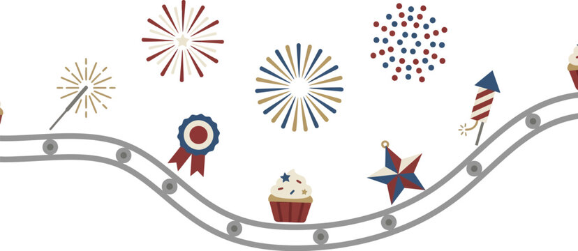 Conveyor belt transports holiday-themed cupcakes and rosettes past decorative fireworks explosions.