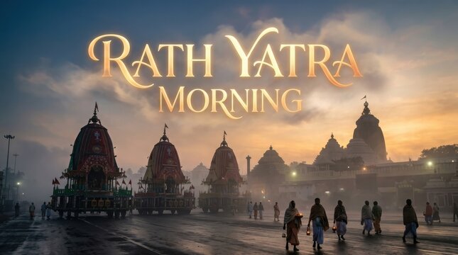 Majestic wooden temple chariots during early morning sunrise in puri highlighting spiritual heritage of traditional event.
