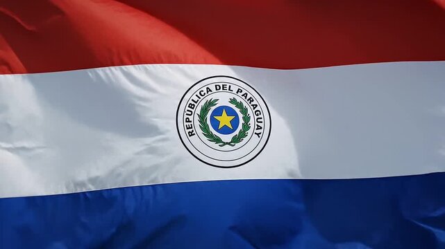 Close up of the national flag of Paraguay waving gently in the wind showing its red white and blue stripes and central emblem