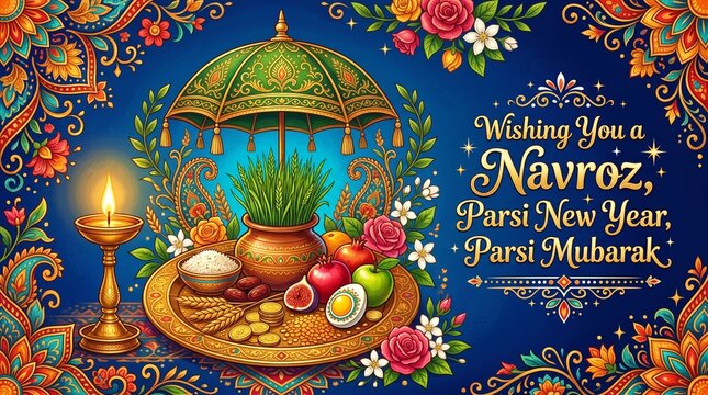 Vivid Navroz Celebration Poster Featuring Traditional Parsi New Year Symbols and Decorations