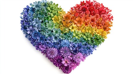 Naklejka premium Vibrant Rainbow Heart Made of Diverse Flowers on White Background Symbolizing Love and Pride