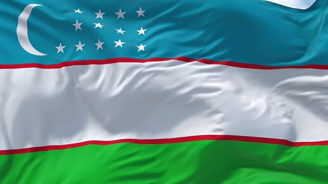 Uzbekistan flag waving in the wind with a crescent moon and twelve stars on a blue background and white and green stripes