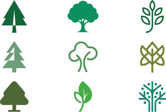 Minimalist Green Tree and Leaf Icon Set Featuring Pine Trees Deciduous Foliage Linear Plant Logos and Eco Friendly Nature Vector Illustration Designs