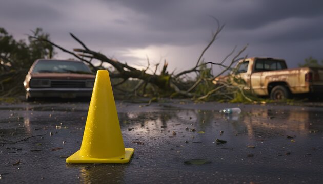 Yellow Caution Cone Stands Amidst Debris After Storm Damage to Vehicles