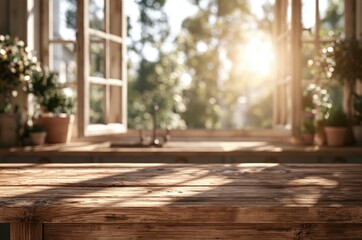 Fototapeta premium Sunlit Wooden Table and Open Window with Greenery and Pots, Evoking Tranquility and Summer Warmth