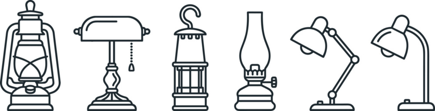 Vintage and Modern Desk Lamp Icon Set Featuring Kerosene Lanterns, Bankers Lamps, Adjustable Office Lights, and Classic Table Illumination Vector Designs
