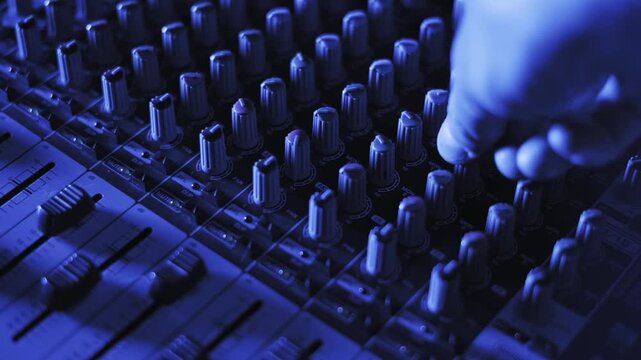 Side angle of a sound engineer's hand adjusting multiple faders on an audio mixing console. The shot shows precise channel control with knobs and decibel markers under flashing lights.