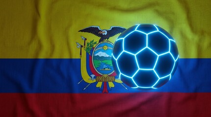 A glowing blue soccer ball rests atop Ecuador’s flag, symbolizing unity through football.