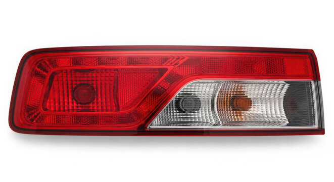 Modern red automotive taillight assembly featuring brake, turn signal, and reverse lamps, essential replacement part for vehicle maintenance on white background. on white background
