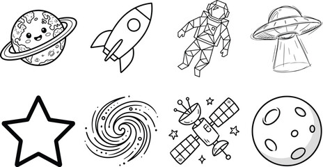 Outer space vector outline icon set for coloring page featuring rocket astronaut ufo planet satellite galaxy and star © Md