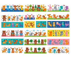 Fototapeta premium Collection of Cute Animal Borders: A delightful assortment of charming animal illustrations, featuring playful dogs, whimsical cats, cuddly bears, and cheerful rabbits.