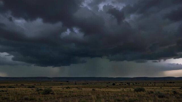 This captures the dramatic scene of a storm rolling in over a desert landscape. The sky is filled with dark clouds and lightning strikes can be seen illuminating the horizon.