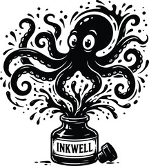 Cartoon octopus emerging from an inkwell, black and white vector illustration