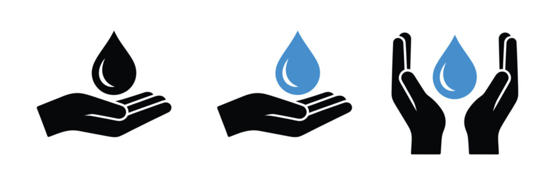 Save water symbol with caring hands holding a droplet, representing environmental conservation, sustainability, clean water protection, and eco awareness design.