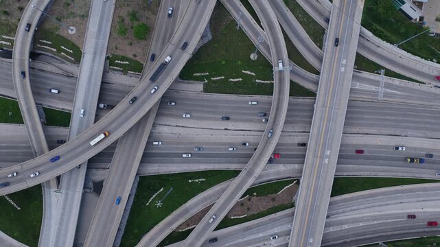 Aerial transportation system with heavy traffic on interchange, complex infrastructure and urban transit on I 290 and I 90 in Chicago, Illinois